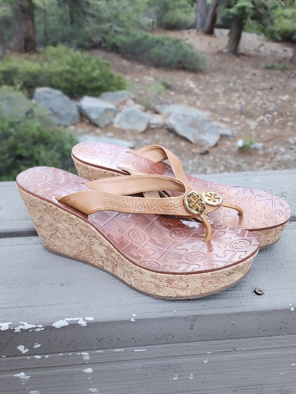 Tory Burch Brown Cork Wedge Thong Sandals with Gold Logo